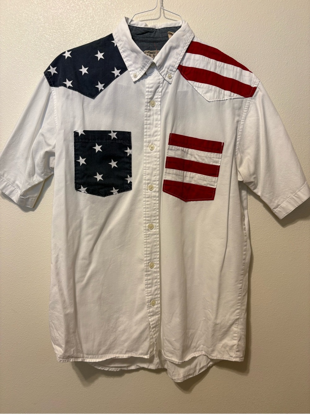 RedHead White Short-Sleeve Button-Down with Red & Blue Flag Accents